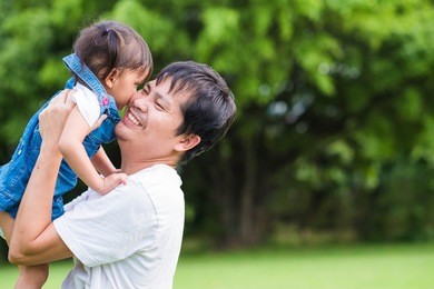 cute asian little girl is kissing her father cheek during the playing time in the park, concept of love and relation in family life.
