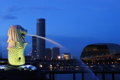 night waterfront at marina bay and fountain, singapore