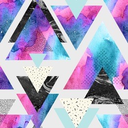 abstract watercolor geometric seamless pattern. triangles with watercolor, doodle, black marble textures. geometrical background in minimal style. hand painted art illustration