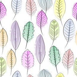 digital seamless pattern of vector and illustration of hand drawing leaves in pastel color and watercolor painting style pattern, pink, green, purple, blue, orange, yellow color fallen leaves