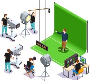 operators shooting actor on green background and director giving instructions cinematograph isometric composition 3d vector illustration
