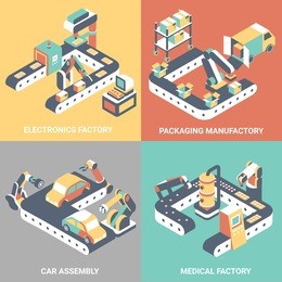 factory automation vector flat isometric poster set. electronics factory, packaging manufactory, car assembly, medical factory concept design elements for web banners, print, infographics.
