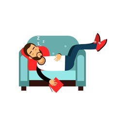 bearded man sleeping on armchair with book, relaxing person cartoon vector illustration