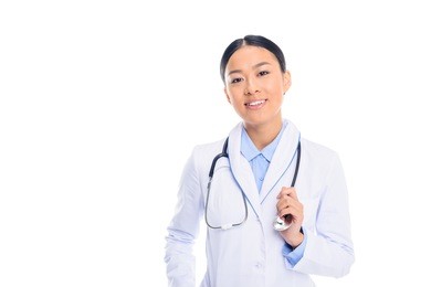 female asian doctor in white coat with stethoscope, isolated on white