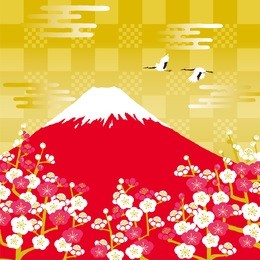 japanese red-crowned crane flying in the mount fuji and plum 