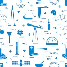 seamless pattern with variety scientific, education elements: dividers, formula, test-tube, satellites, batteries and other. design for banner, poster or print.