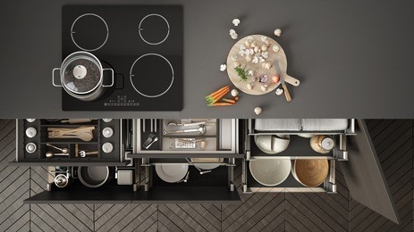 modern kitchen top view, opened drawers and stove with cooking pan, minimalist interior design, 3d illustration