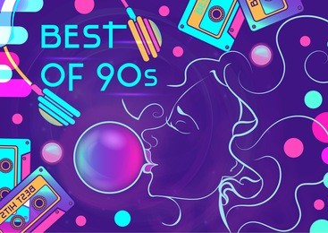 vector illustration of a girl with a bubblegum, vibrant template with for 90s party, festival, event, club flyer, invitation, poster, web banner.dark background, trendy futuristic colors, retro style