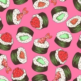 seamless background with a pattern of hand drawn sushi set with traditional fresh delicious sushi makizushi with cucumber or avocado, red tobiko fish caviar, fillet of red salmon fish, shrimp's tail