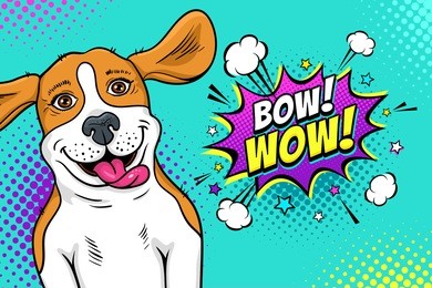 pop art dog face. funny happy surprised dog beagle with open mouth with tongue and flying ears and bow! wow! speech bubble. vector illustration in retro comic style. party invitation poster.