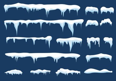 set of snow icicles, snow cap isolated. snowy elements on winter background. vector template in cartoon style