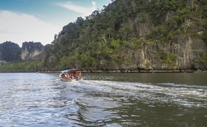 beautiful image of traveling boat on water around kilim geo-forest nature park with blue sky, langkawi kedah malaysia. soft focus as view is from a fast travelling boat. family vacation.
