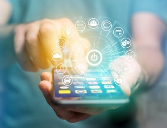 view of a home button of a technology interface surrounded by application - technology app concept