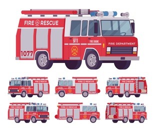 fire engine set. emergency service red vehicle with water tanker for firefighting operations, carries firefighters squad and equipment. vector flat style cartoon illustration on white background