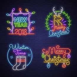 big set neon logo, label, emblem. happy new year and merry christmas. neon sign, bright signboard, light banner. 