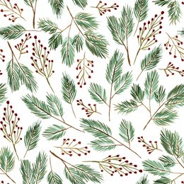 watercolor seamless natural pattern with green branches and red berries