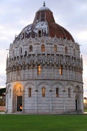 italy. pisa, italy. pisa baptistry of st. john, battistero di san giovanni, a roman catholic ecclesiastical building, near duomo di pisa, and designed by diotisalvi.