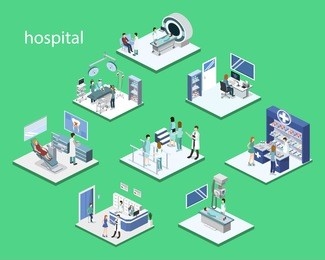 isometric 3d vector illustration set of reception, mrt, surgery, rehabilitation, pharmacy and dentist