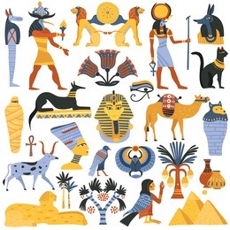 set of ancient egyptian religion elements including gods, eye of ra, mummy, sphinx, scarab isolated vector illustration   