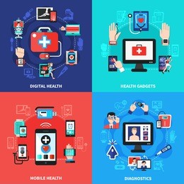 digital health wearable gadgets for blood pressure heart rate control 4 flat icons square concept isolated vector illustration 