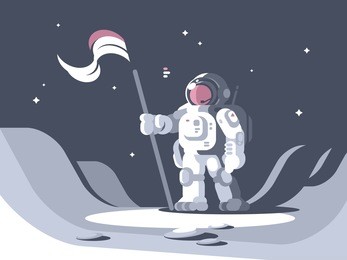 astronaut character in spacesuit on surface of moon with flag. vector illustration