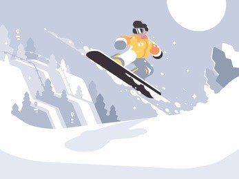 snowboarder guy snowboarding on snowy winter slope and jump. vector illustration