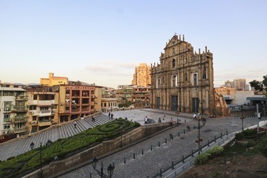 macau, china - oct 21,2017 : the ruins of st paul church, which only consists in of its main facade, in macao are one of the city main landmark
