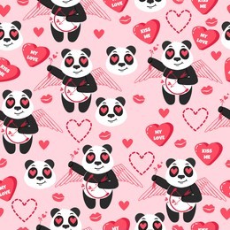 panda cupid. vector background with chinese animals, hearts and kisses. holiday seamless pattern. happy valentine's day. 