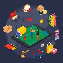 online shopping isometric concept with related elements on dark background.  illustration