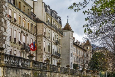 street with historic building in geneva old town, switzerland