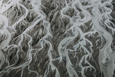aerial landscape of braided glacial rivers, iceland