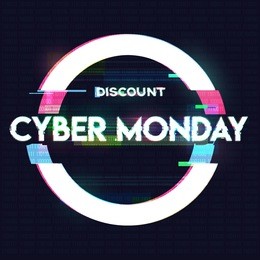 circle banner, sign, label with cyber monday inscription in distorted glitch style on black background. design element for event advertising, branding, shares, promotion. vector illustration.