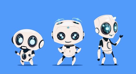 group of modern robots isolated on blue background cute cartoon character artificial intelligence concept flat vector illustration
