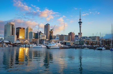view of cityscape the city center with yachts sailing port on a clear sunny day, auckland,new zealand