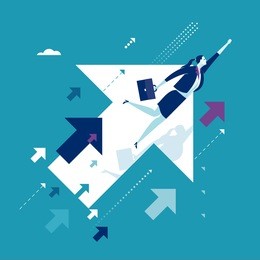 upwards. businesswoman flying between ascending arrow symbols. concept business illustration.
