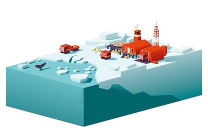 vector low poly polar station with buildings, meteorological research measurement tower, vehicles and helipad
