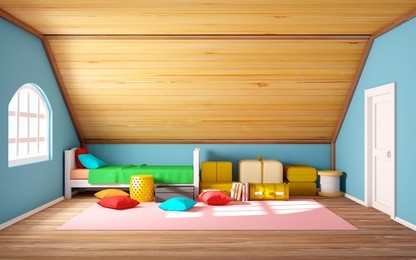 attic interior with bed and staff, cartoon 3d illustration.