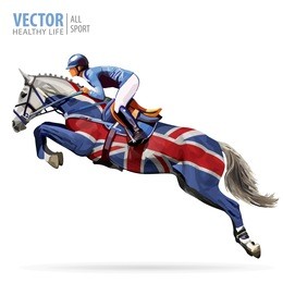 equestrian champion sport theme: jockey riding a jumping horse. poster sport background. united kingdom flag.