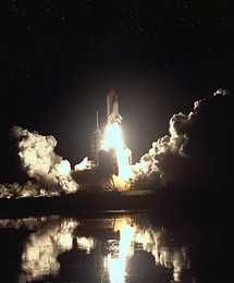 rocket takes off into the sky. the elements of this image furnished by nasa.
