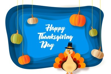 happy thanksgiving day greeting card, poster, banner, flyer, autumn background with leaves, pumpkin and cute cartoon turkey. vector illustration. 