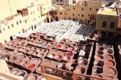 coloration of leather in a traditional tannery in the city fes, morocco. leather is colored with natural pigments and minerals of different colors