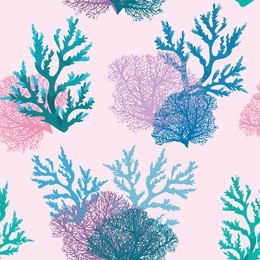 underwater wallpaper. vector seamless pattern with coral reef on a pink background. 