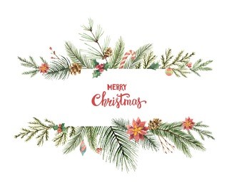 watercolor christmas banner with fir branches and place for text. illustration for greeting cards and invitations isolated on white background.