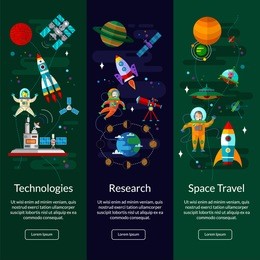 space universe vertical  banner set with flat  symbols of planets, rockets, satellites, space station and ufo.