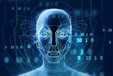 3d illustration of robotic human head with graphic element face represent artificial intelligence and machine learning concept