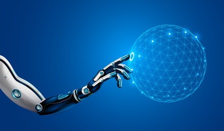 robotic hand working with virtual graphic interface. hud