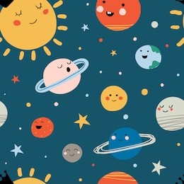 solar system seamless pattern. cute cartoon planets. funny universe for kids sun, pluto ,mar, mercury, earth, venus, jupiter, saturn, uranus, neptune. hand drawn design print