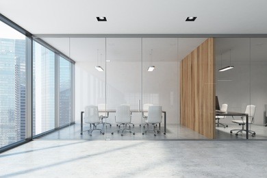 glass and wooden conference room with a long wooden table with white chairs and panoramic windows. 3d rendering mock up