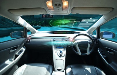 electric car or  intelligent car. connected car. display(hud).futuristic vehicle and graphical user interface(gui).self-driving  mode ,  vehicle running self driving mode and a woman driver 