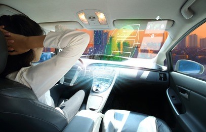 electric car or  intelligent car.heads up display(hud).futuristic vehicle and graphical user interface(gui).self-driving  mode , autonomous car, vehicle running self driving mode and a woman driver 